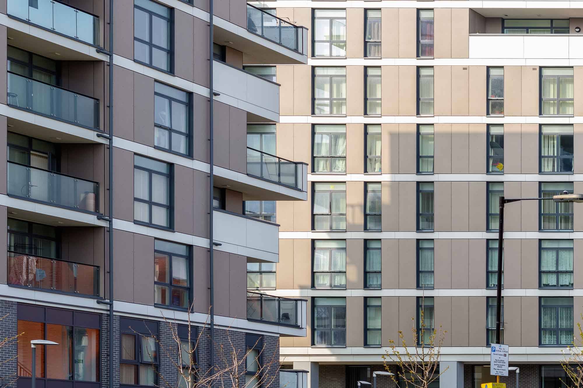 Cladding on the outside of a modern building in the city.